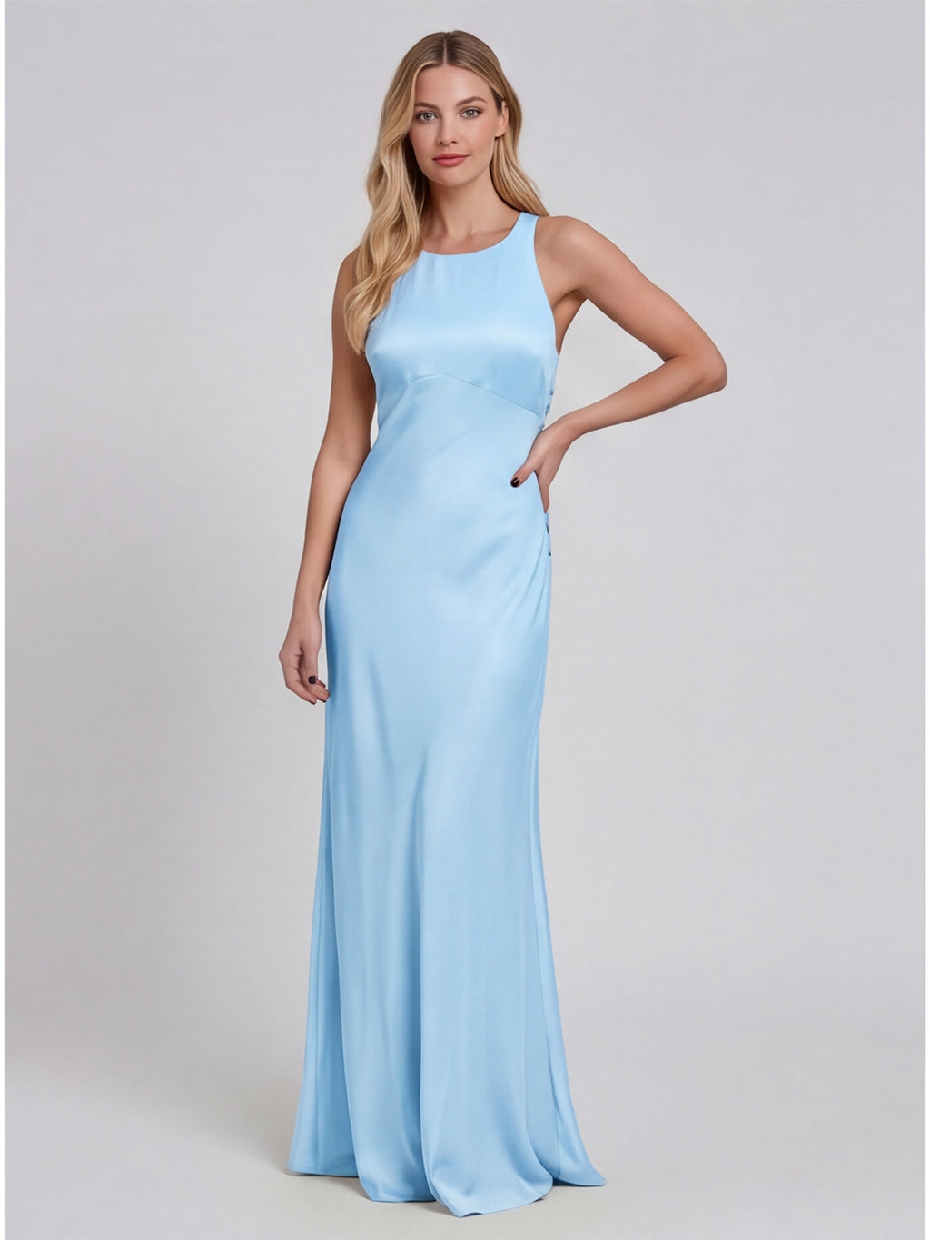 Simple Sky Blue Matte Satin A-Line Scoop Neck Lace-up Ankle-Length Bridesmaid Dress