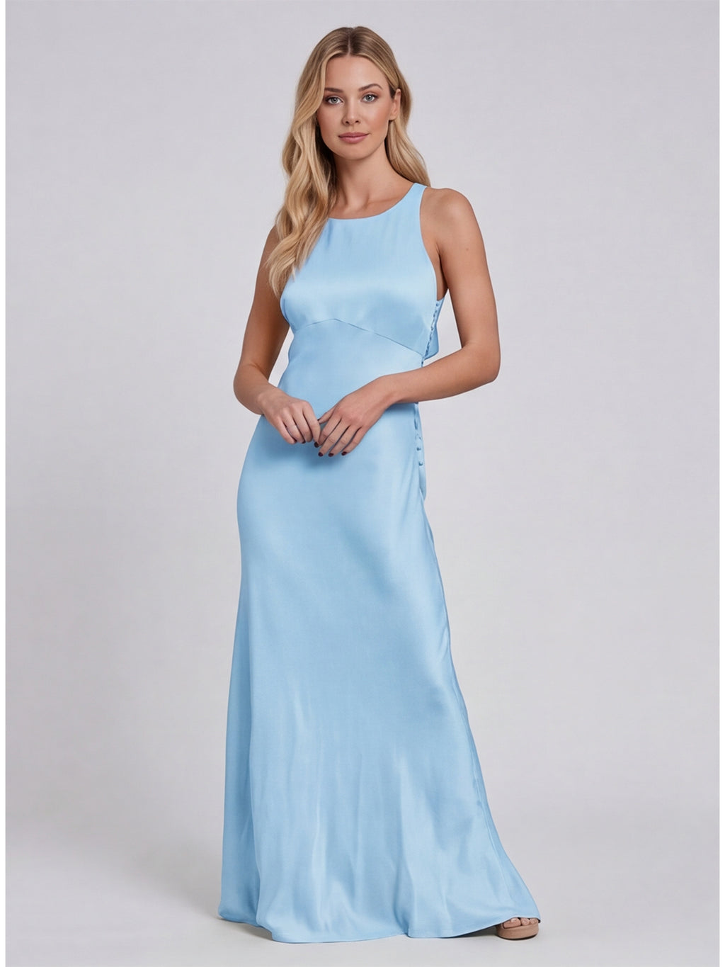 Simple Sky Blue Matte Satin A-Line Scoop Neck Lace-up Ankle-Length Bridesmaid Dress