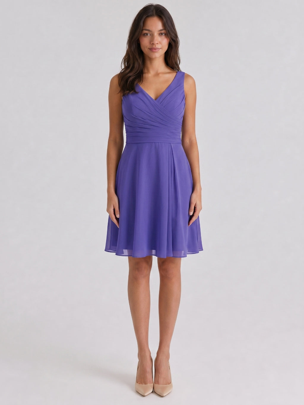Simple Slate Blue Chiffon A-Line V-Neck Back Zip Knee-Length Bridesmaid Dress