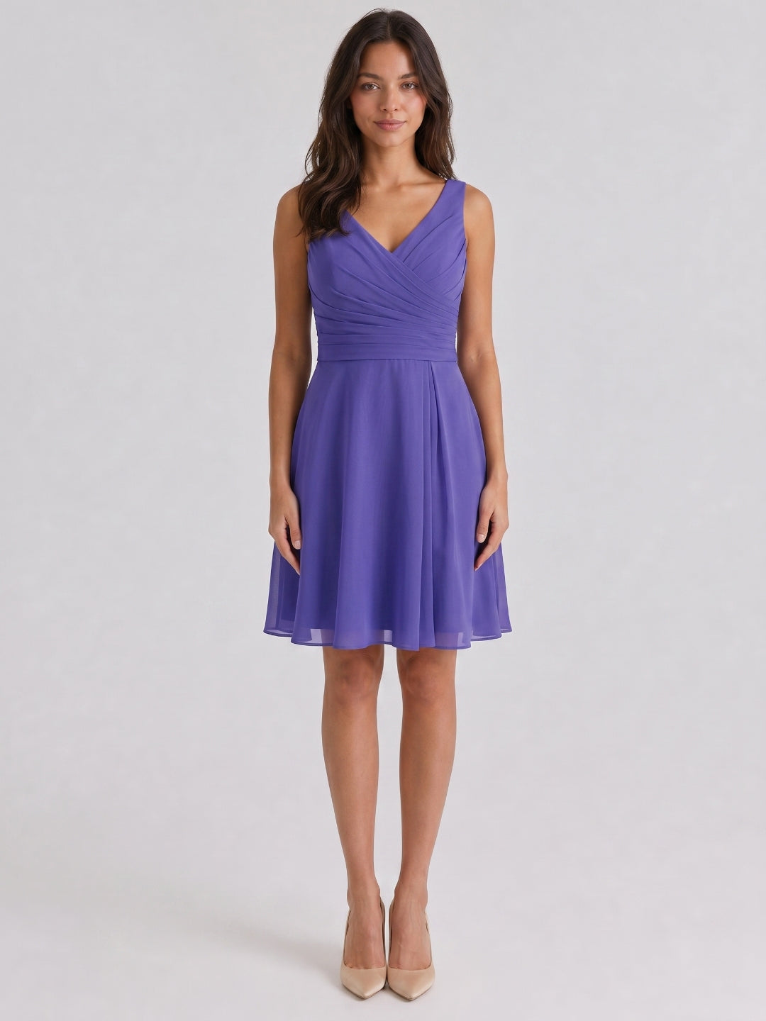 Simple Slate Blue Chiffon A-Line V-Neck Back Zip Knee-Length Bridesmaid Dress