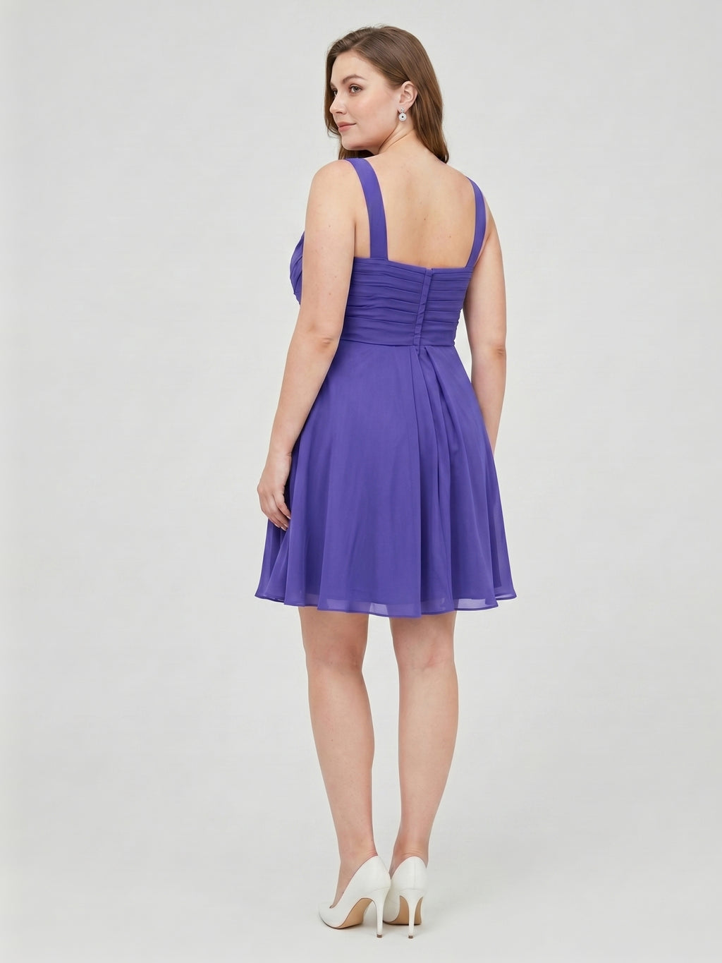 Simple Slate Blue Chiffon A-Line V-Neck Back Zip Knee-Length Bridesmaid Dress