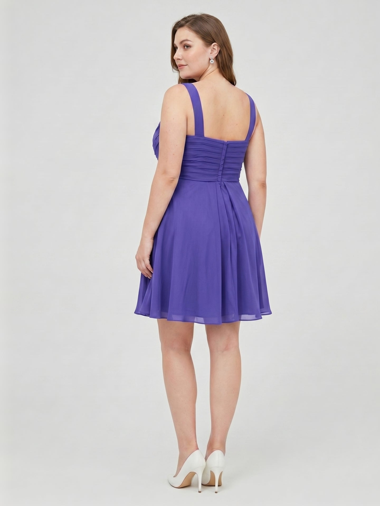 Simple Slate Blue Chiffon A-Line V-Neck Back Zip Knee-Length Bridesmaid Dress