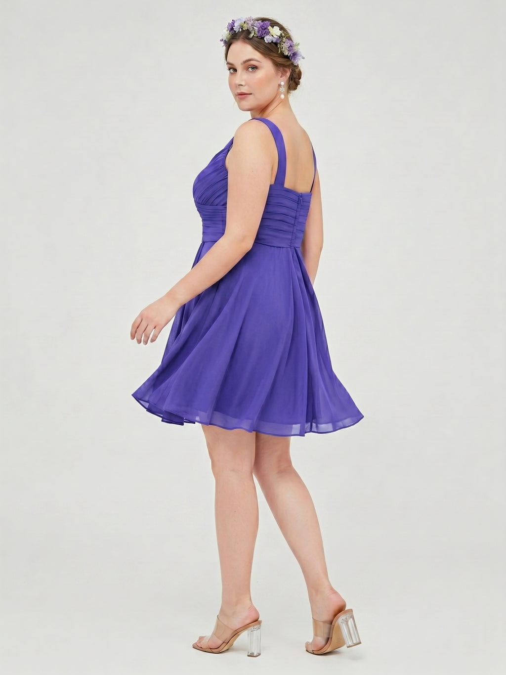 Simple Slate Blue Chiffon A-Line V-Neck Back Zip Knee-Length Bridesmaid Dress