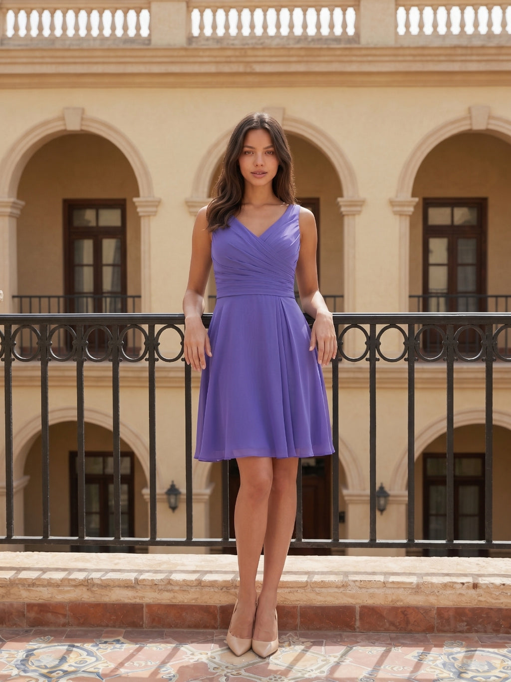 Simple Slate Blue Chiffon A-Line V-Neck Back Zip Knee-Length Bridesmaid Dress