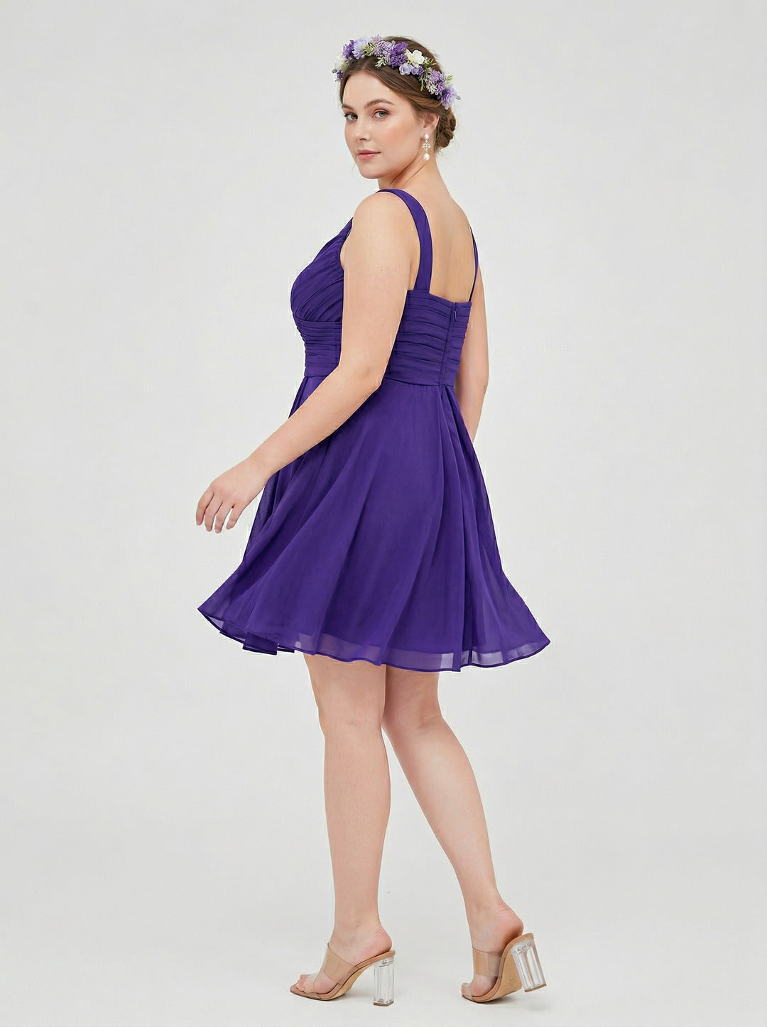 Simple Slate Blue Chiffon A-Line V-Neck Back Zip Knee-Length Plus Size Bridesmaid Dress