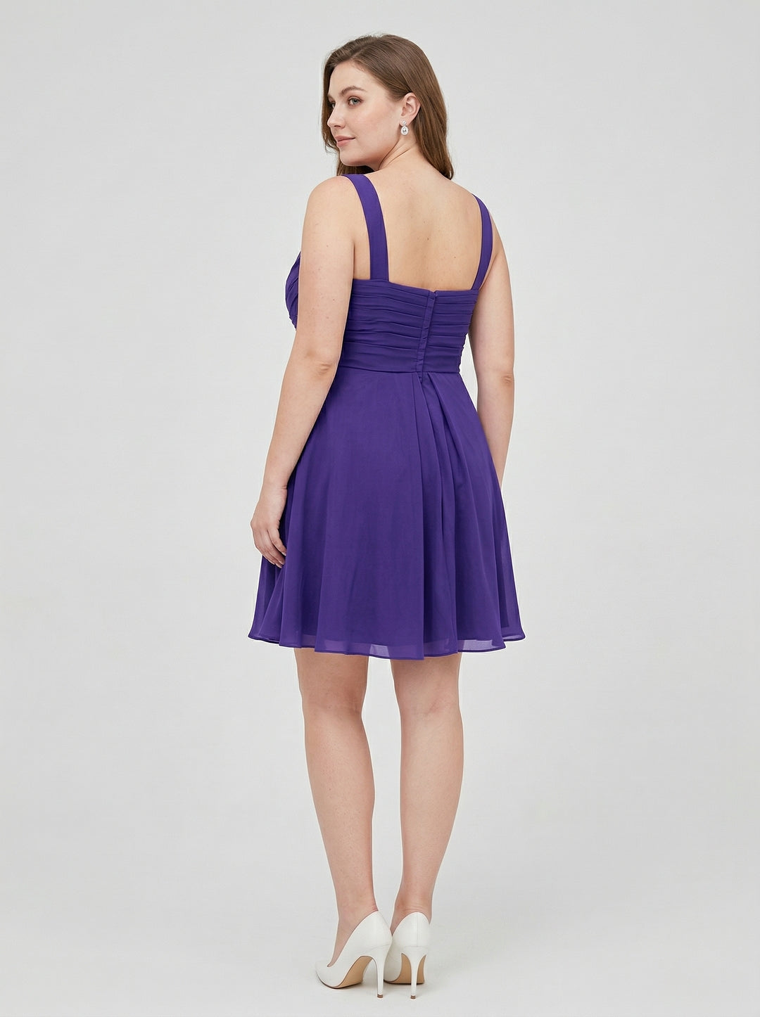 Simple Slate Blue Chiffon A-Line V-Neck Back Zip Knee-Length Plus Size Bridesmaid Dress