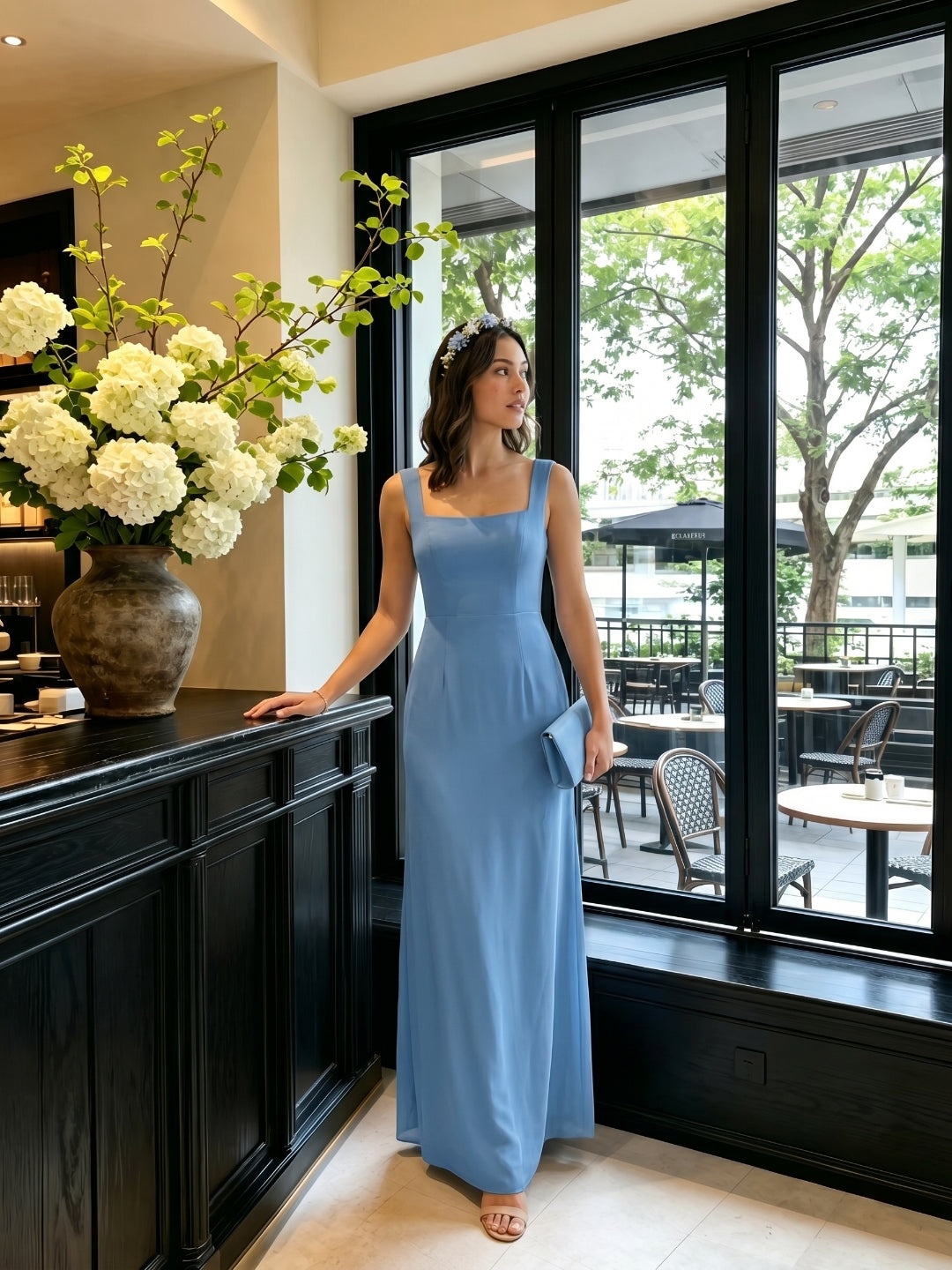 Simple Steel Blue Chiffon Sheath Square Neck Back Zip Ankle-Length Bridesmaid Dress