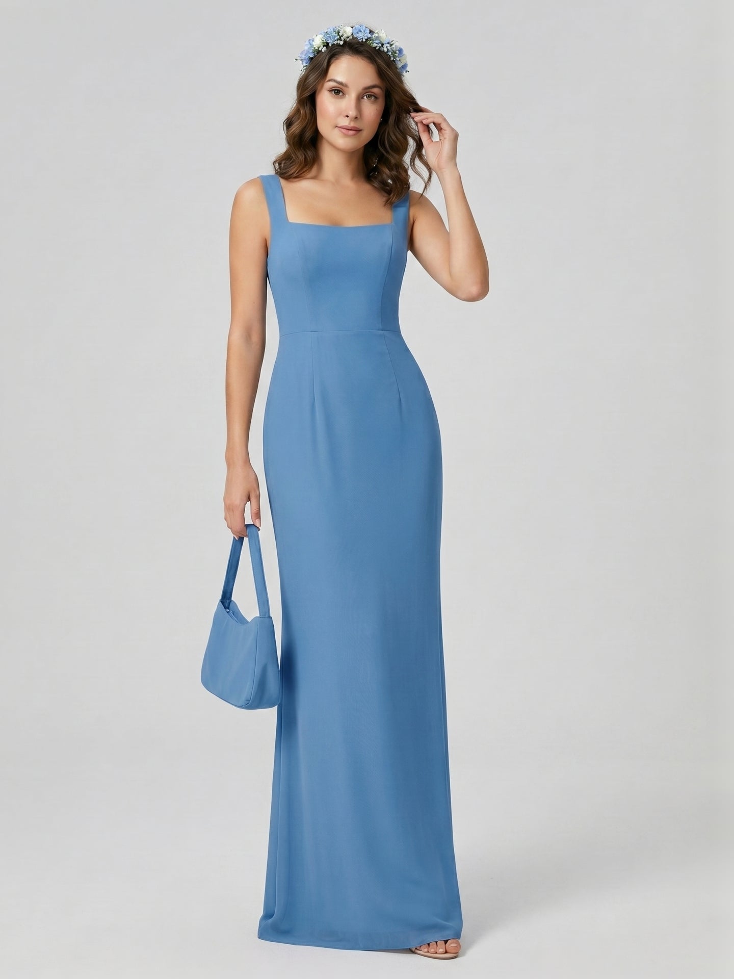 Simple Steel Blue Chiffon Sheath Square Neck Back Zip Ankle-Length Bridesmaid Dress