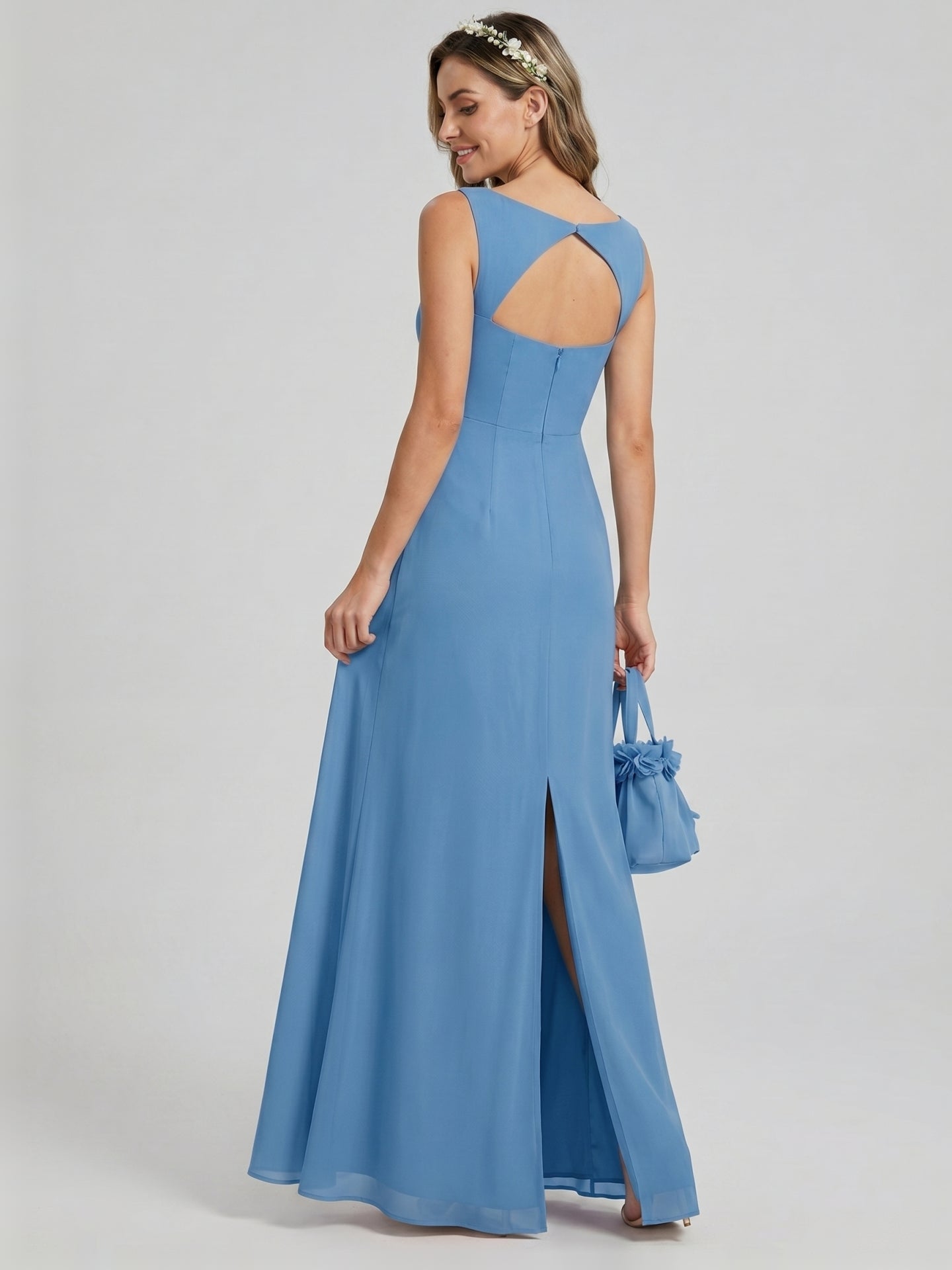 Simple Steel Blue Chiffon Sheath Square Neck Back Zip Ankle-Length Bridesmaid Dress