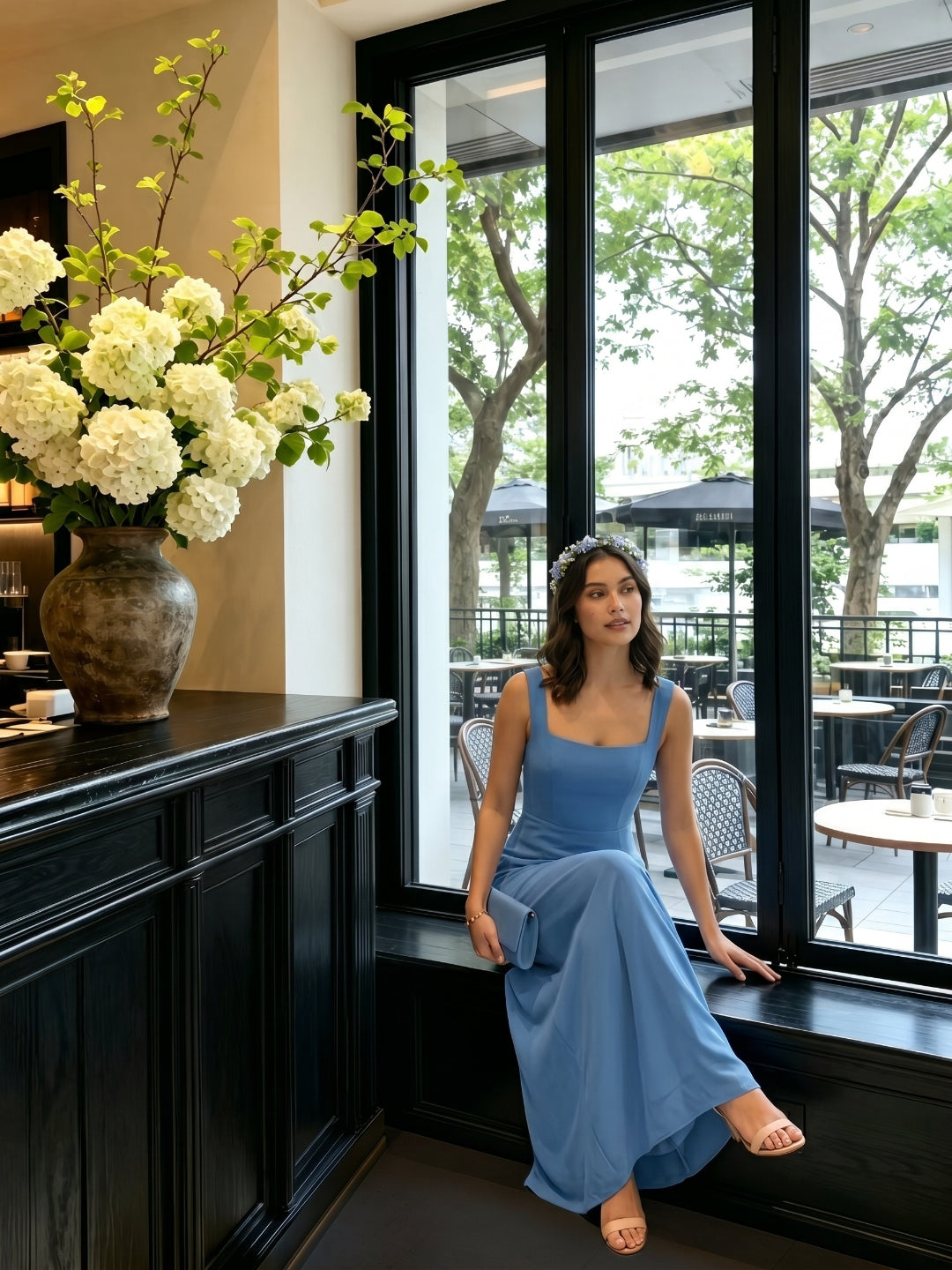 Simple Steel Blue Chiffon Sheath Square Neck Back Zip Ankle-Length Bridesmaid Dress