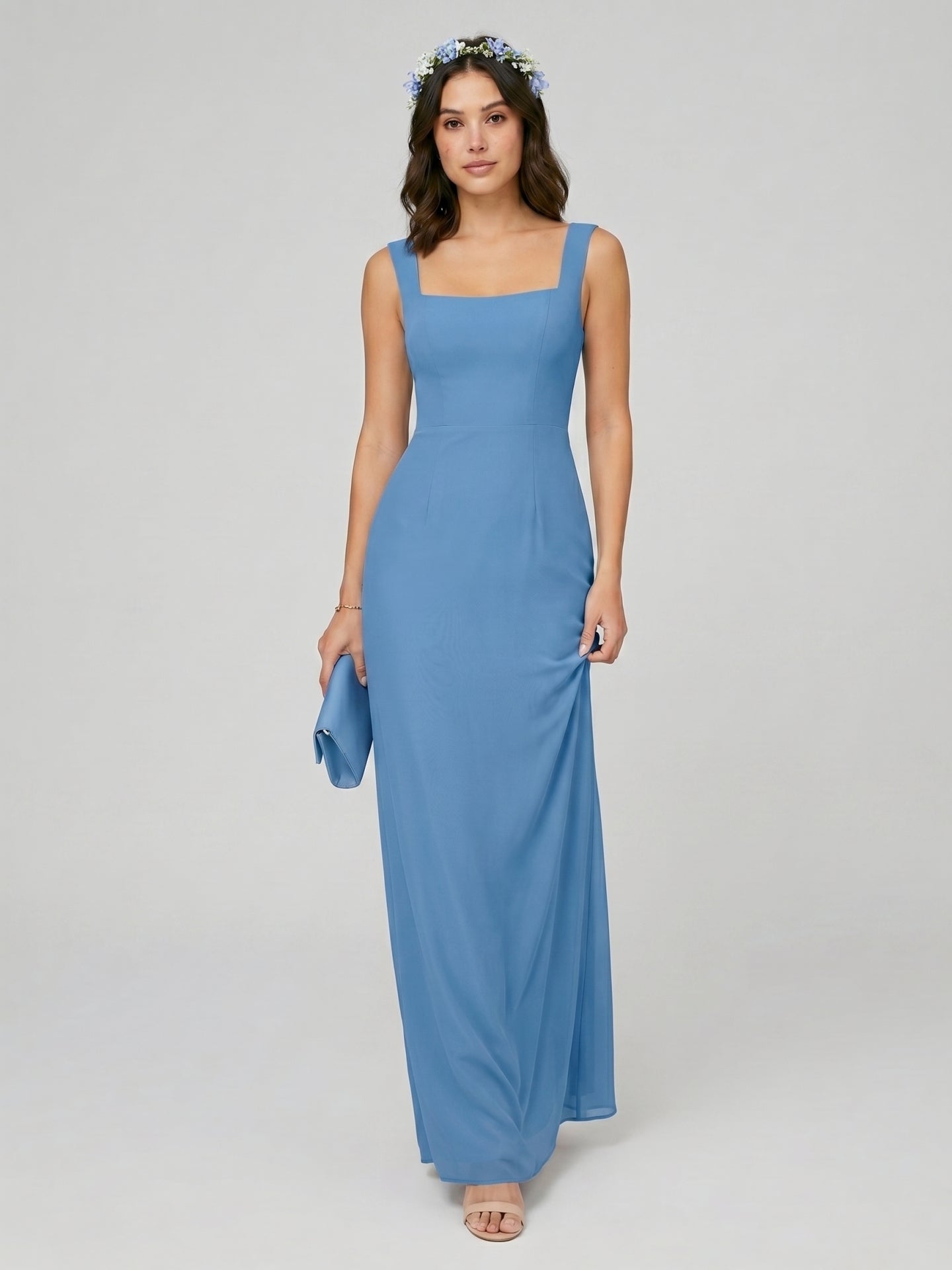 Simple Steel Blue Chiffon Sheath Square Neck Back Zip Ankle-Length Bridesmaid Dress