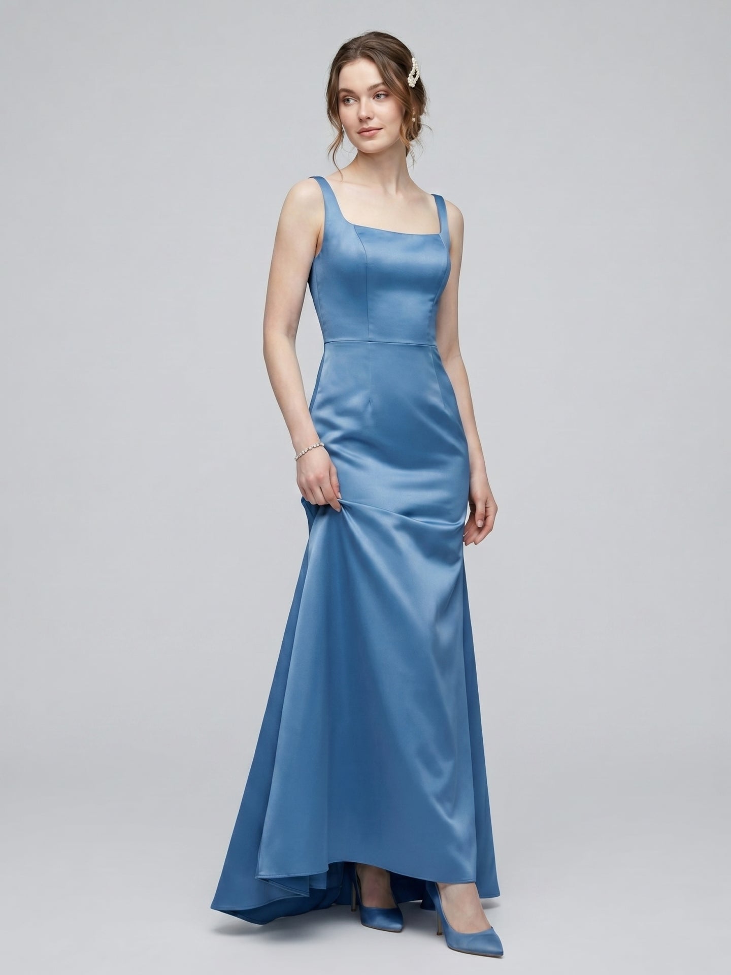 Simple Steel Blue Satin Trumpet Square Neck Back Zip Ankle-Length Bridesmaid Dress