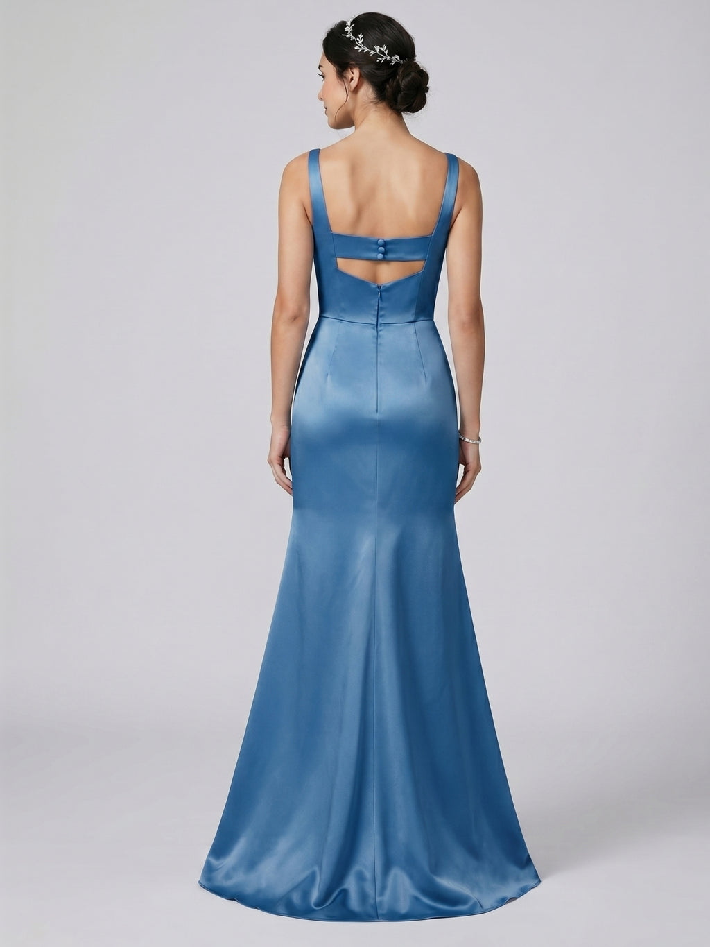 Simple Steel Blue Satin Trumpet Square Neck Back Zip Ankle-Length Bridesmaid Dress