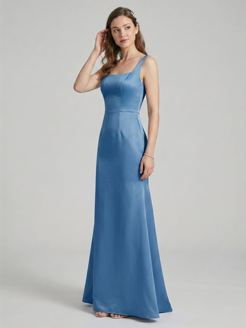 Simple Steel Blue Satin Trumpet Square Neck Back Zip Ankle-Length Bridesmaid Dress