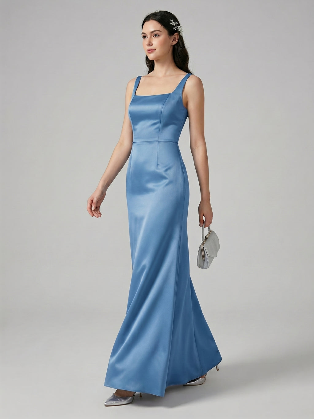 Simple Steel Blue Satin Trumpet Square Neck Back Zip Ankle-Length Bridesmaid Dress