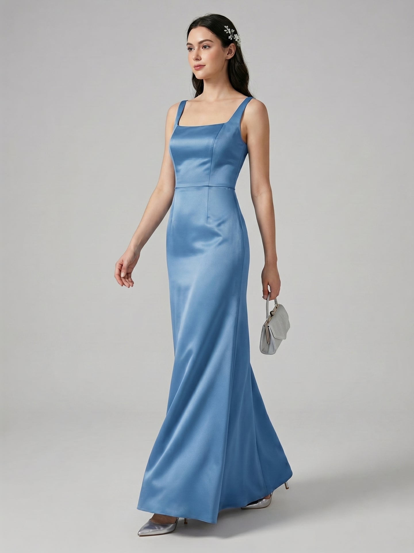 Simple Steel Blue Satin Trumpet Square Neck Back Zip Ankle-Length Bridesmaid Dress