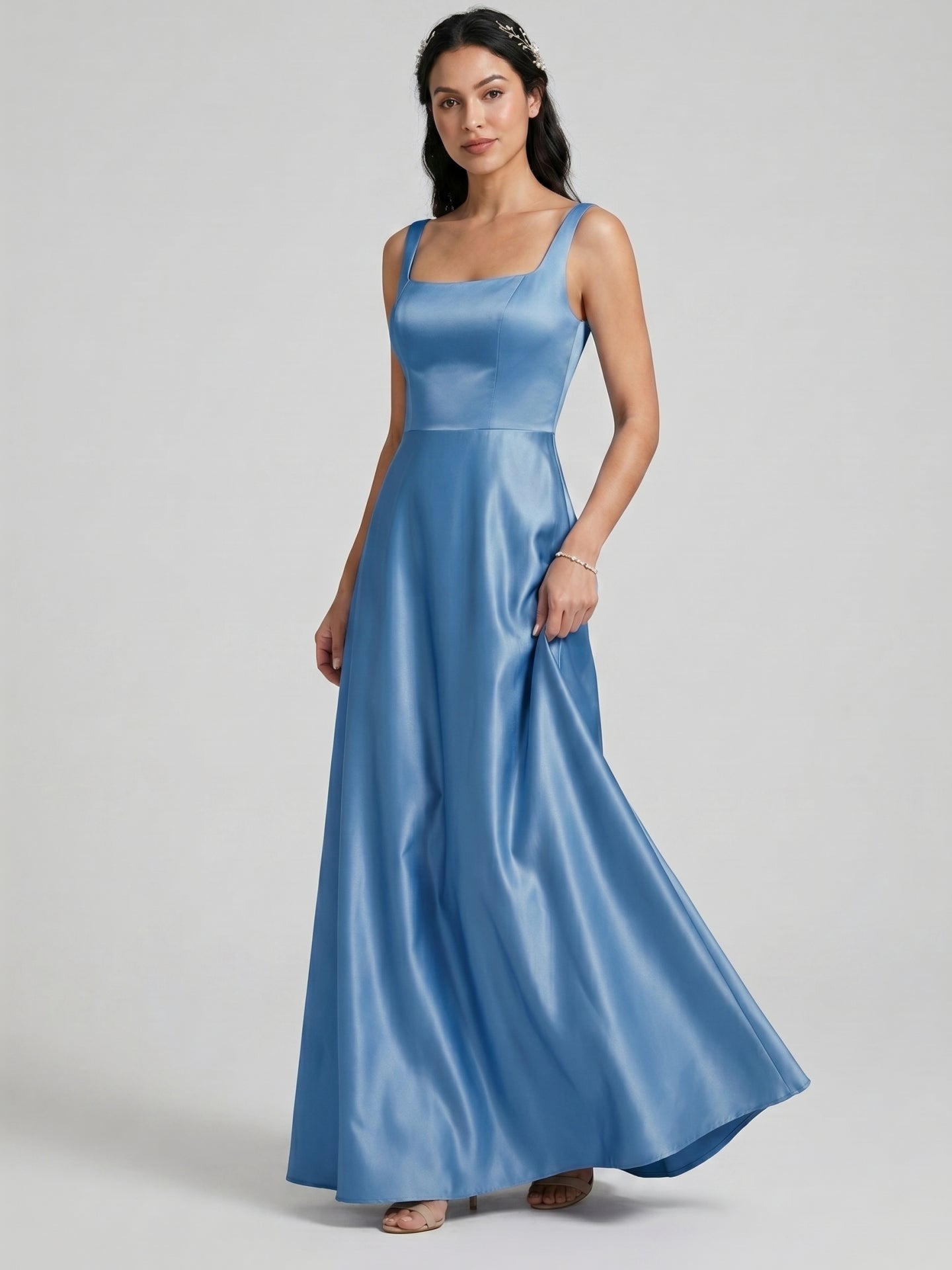 Simple Steel Blue Satin Trumpet Square Neck Back Zip Ankle-Length Bridesmaid Dress