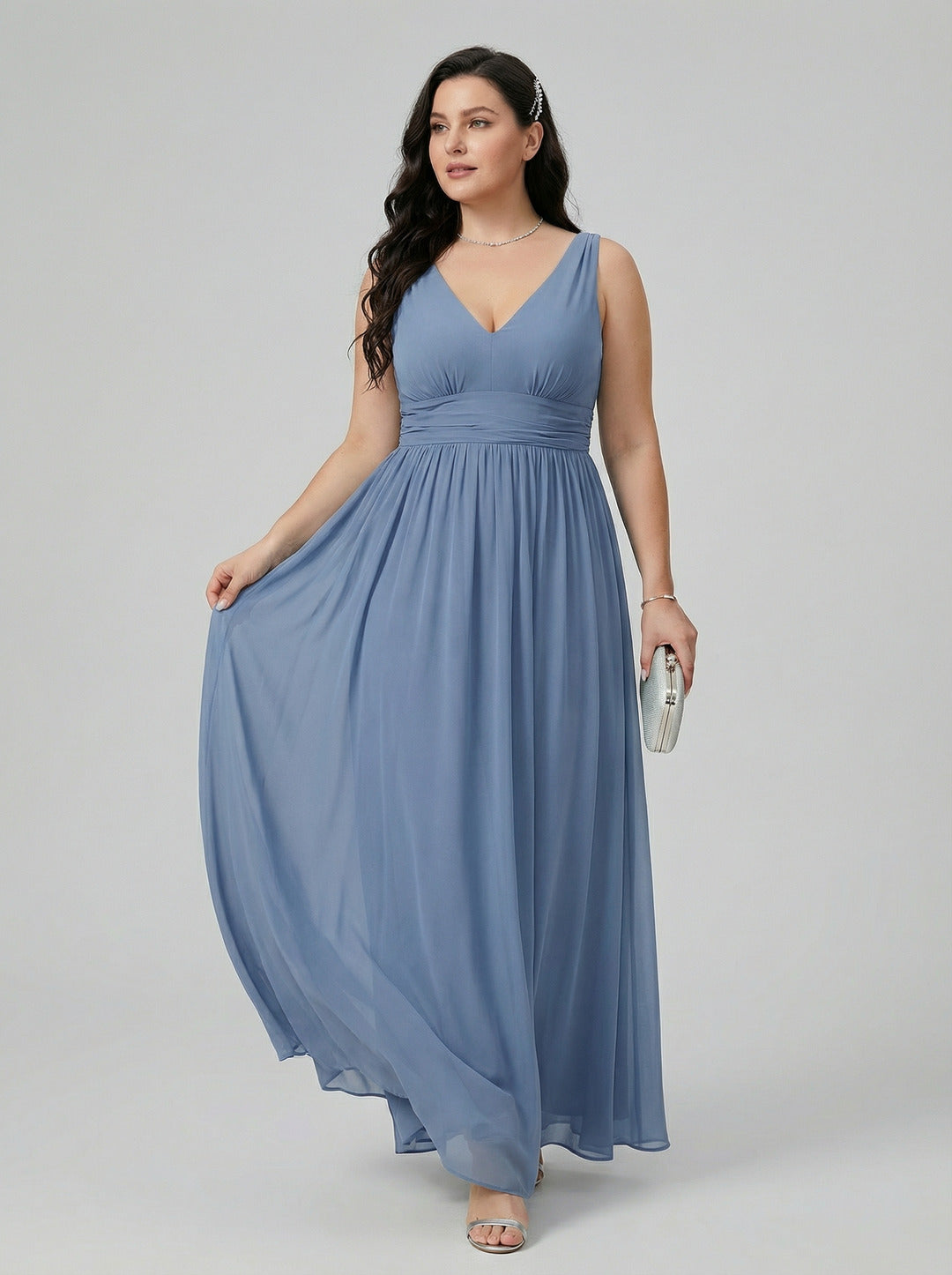 Simple Stormy Chiffon Empire V-Neck Back Zip Ankle-Length Plus Size Bridesmaid Dress