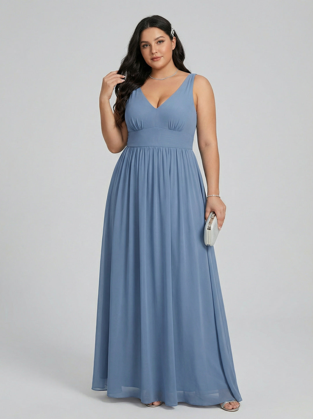 Simple Stormy Chiffon Empire V-Neck Back Zip Ankle-Length Plus Size Bridesmaid Dress