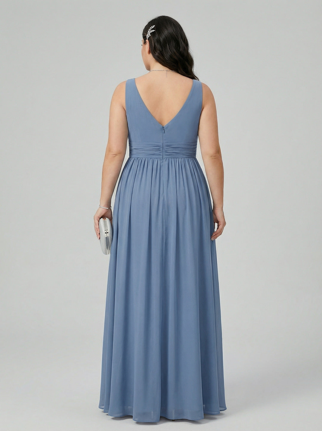 Simple Stormy Chiffon Empire V-Neck Back Zip Ankle-Length Plus Size Bridesmaid Dress
