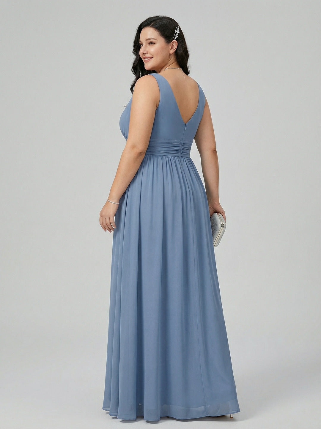 Simple Stormy Chiffon Empire V-Neck Back Zip Ankle-Length Plus Size Bridesmaid Dress