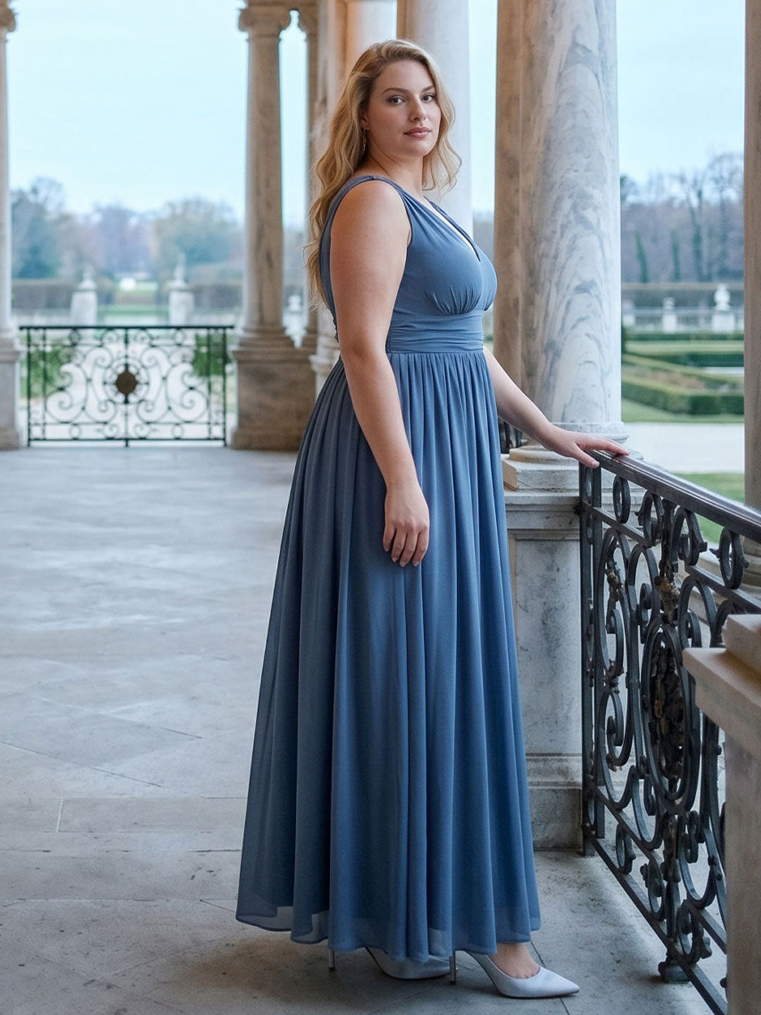 Simple Stormy Chiffon Empire V-Neck Back Zip Ankle-Length Plus Size Bridesmaid Dress