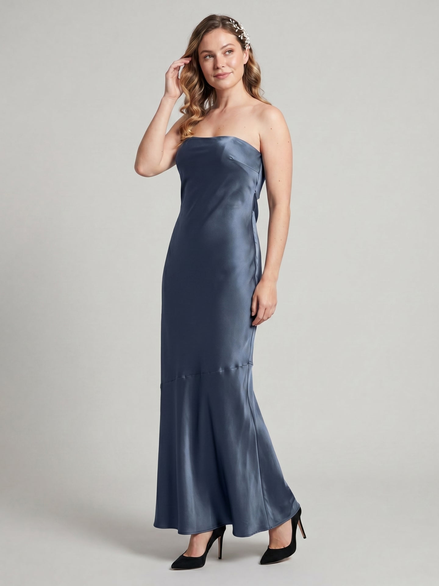Simple Stormy Satin Mermaid Straight Neck Backless Ankle-Length Bridesmaid Dress
