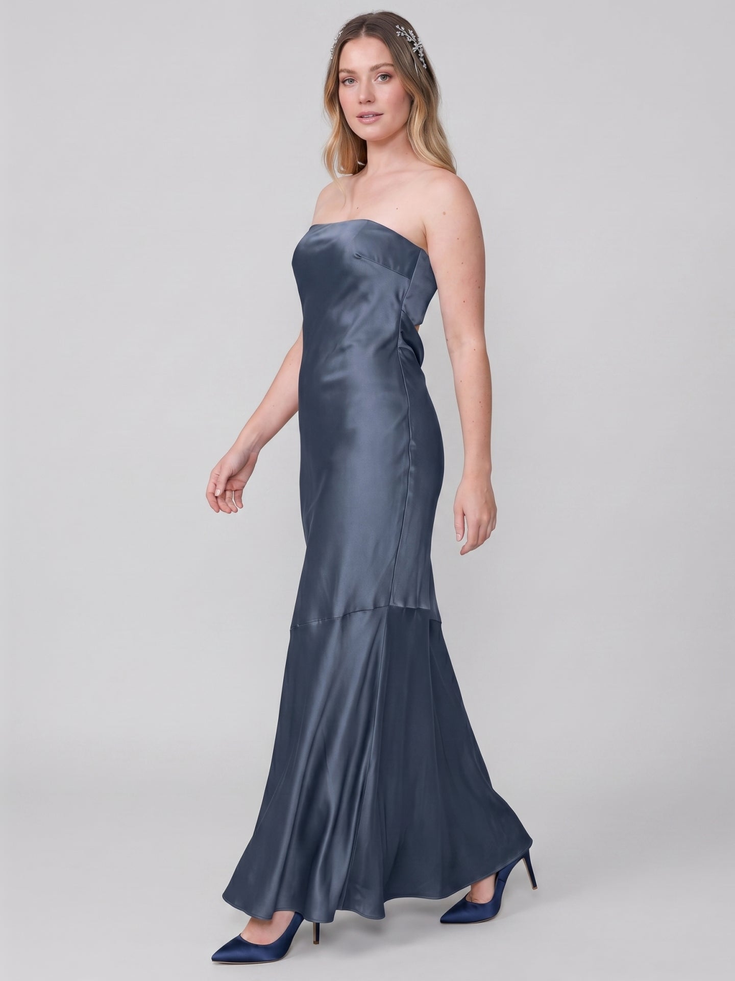 Simple Stormy Satin Mermaid Straight Neck Backless Ankle-Length Bridesmaid Dress
