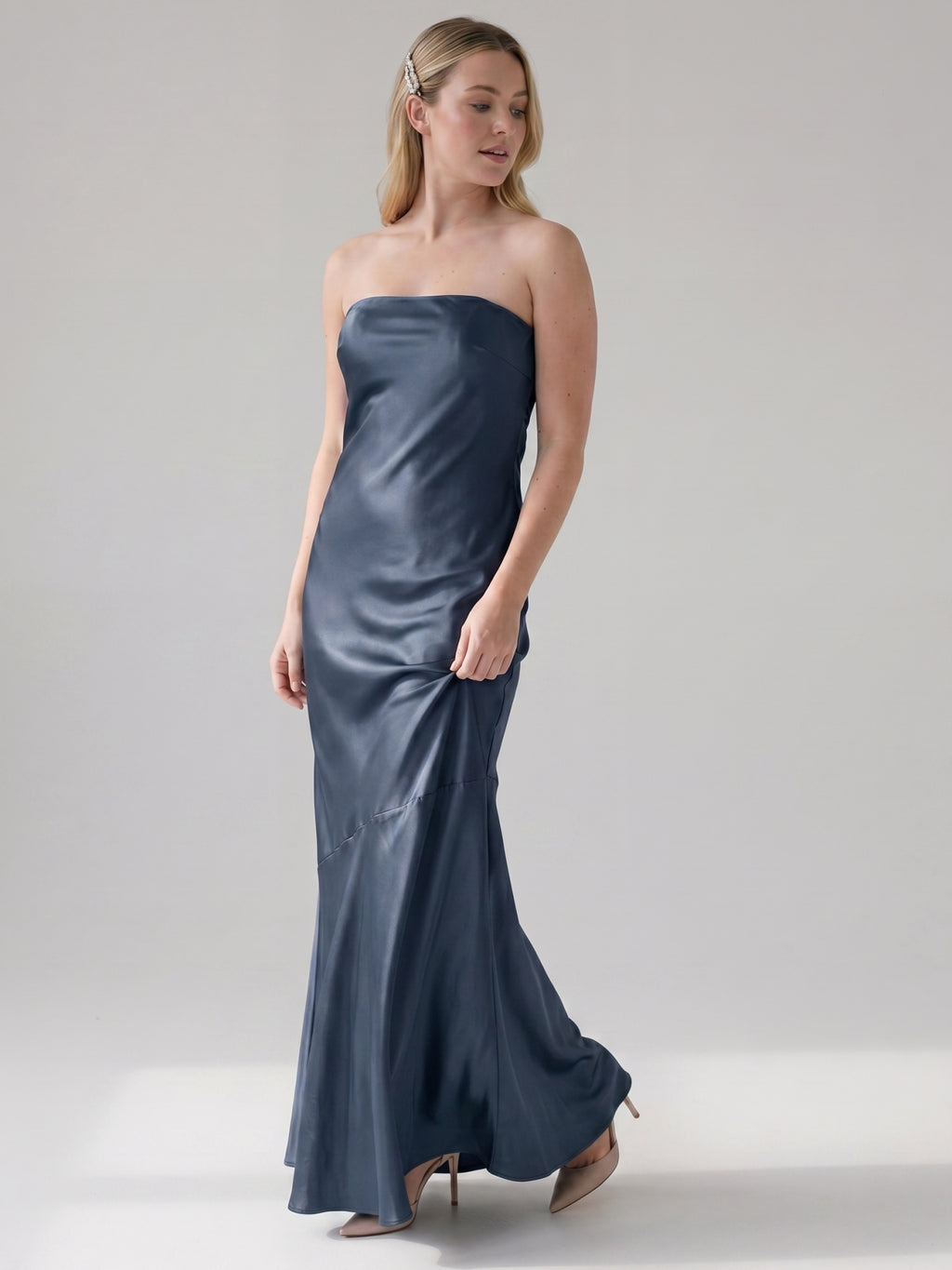 Simple Stormy Satin Mermaid Straight Neck Backless Ankle-Length Bridesmaid Dress