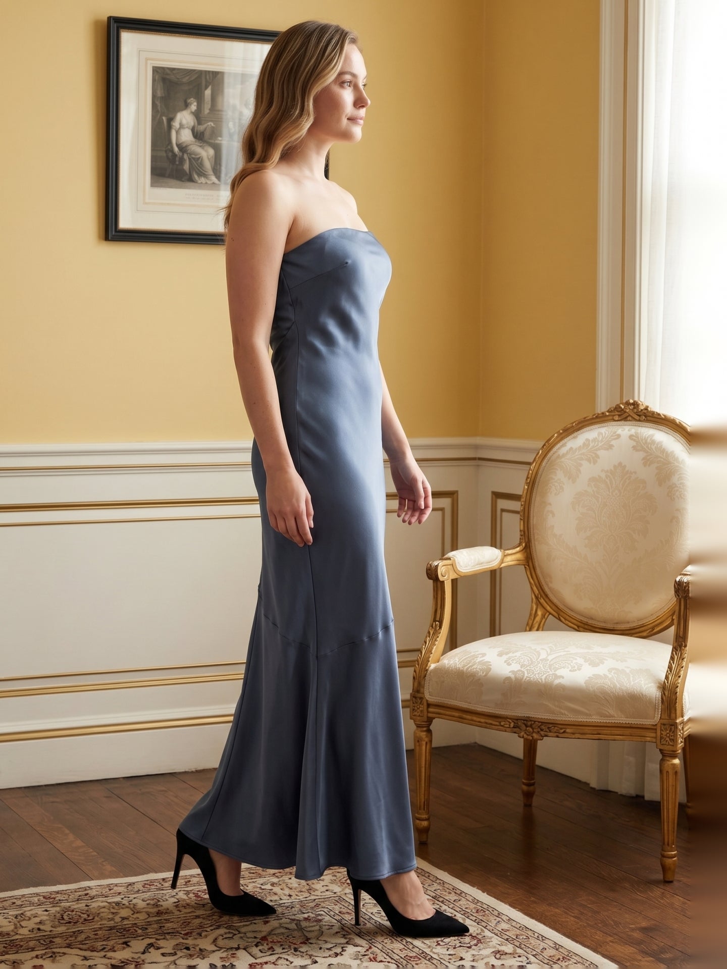 Simple Stormy Satin Mermaid Straight Neck Backless Ankle-Length Bridesmaid Dress