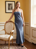 Simple Stormy Satin Mermaid Straight Neck Backless Ankle-Length Bridesmaid Dress