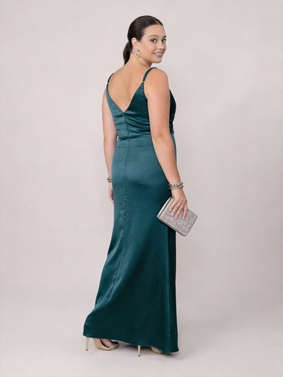 Teal Satin Sheath V-Neck Back Zip Ankle-Length Plus Size Bridesmaid Dress