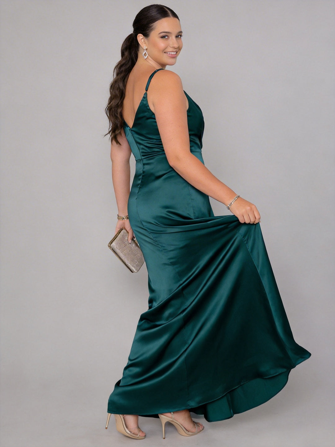 Teal Satin Sheath V-Neck Back Zip Ankle-Length Plus Size Bridesmaid Dress