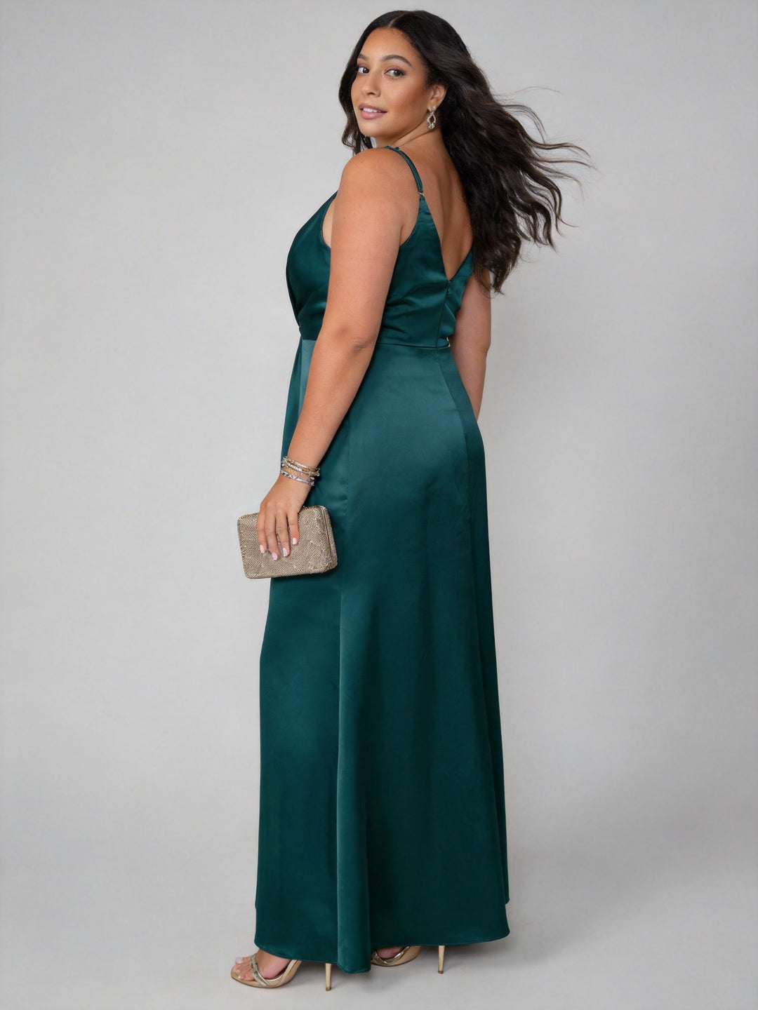 Teal Satin Sheath V-Neck Back Zip Ankle-Length Plus Size Bridesmaid Dress
