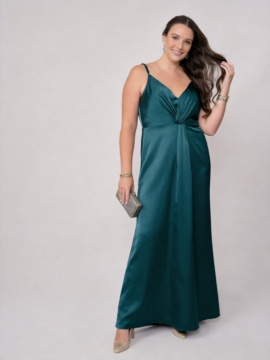 Teal Satin Sheath V-Neck Back Zip Ankle-Length Plus Size Bridesmaid Dress