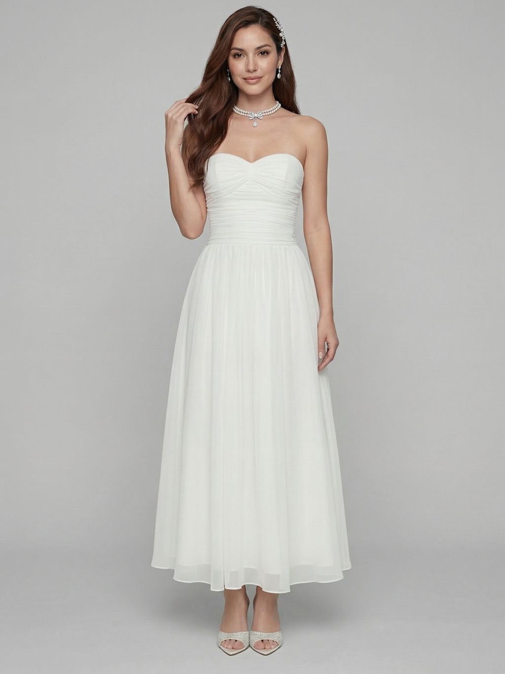 Simple White Chiffon A-Line Off-the-Shoulder Ankle-Length Bridesmaid Dress