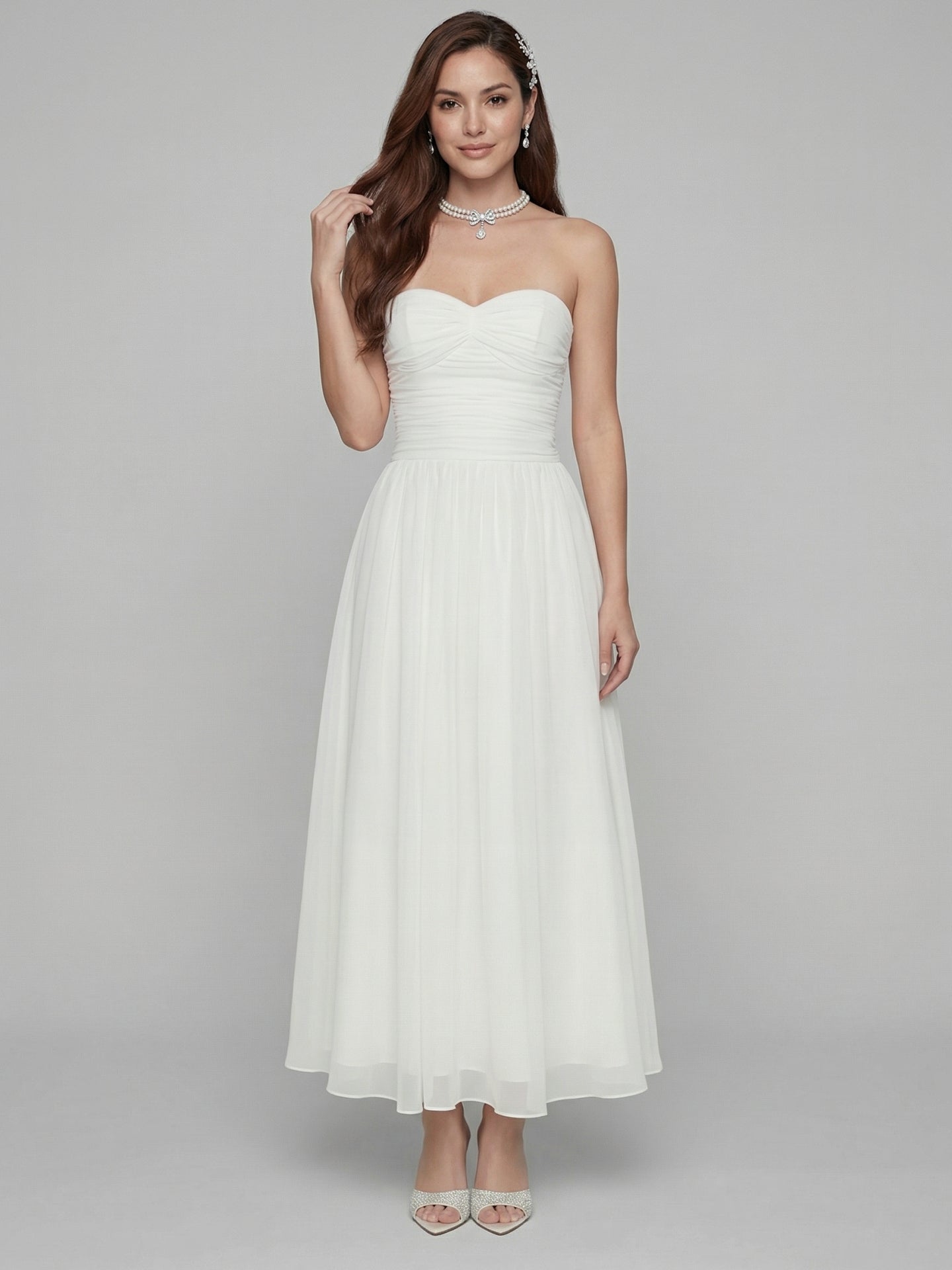 Simple White Chiffon A-Line Off-the-Shoulder Ankle-Length Bridesmaid Dress