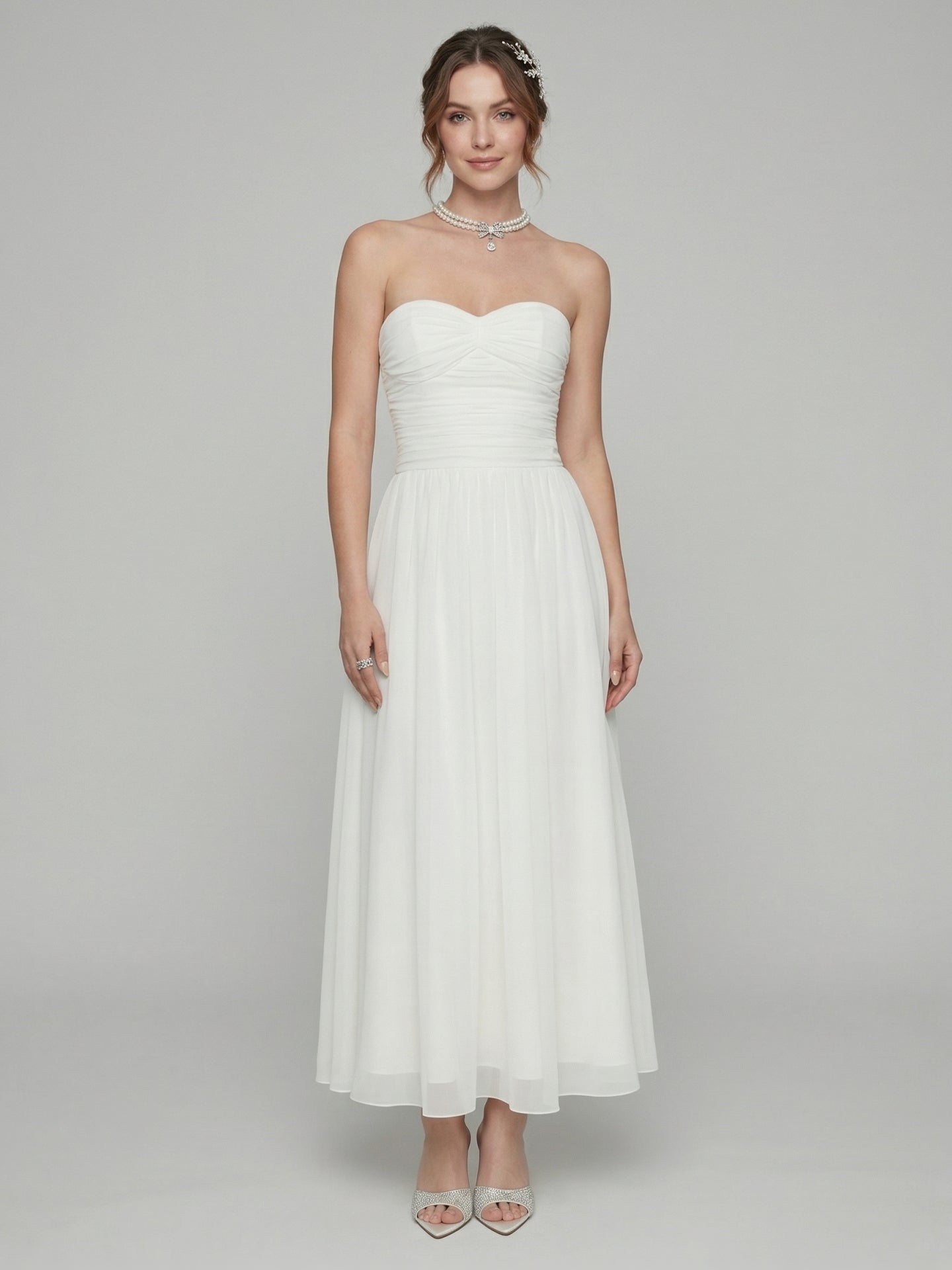 Simple White Chiffon A-Line Off-the-Shoulder Ankle-Length Bridesmaid Dress