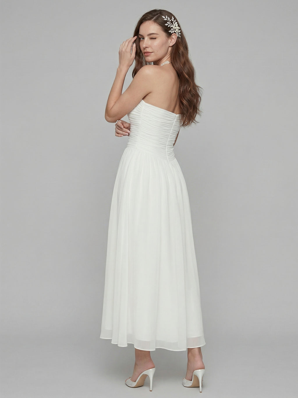 Simple White Chiffon A-Line Off-the-Shoulder Ankle-Length Bridesmaid Dress