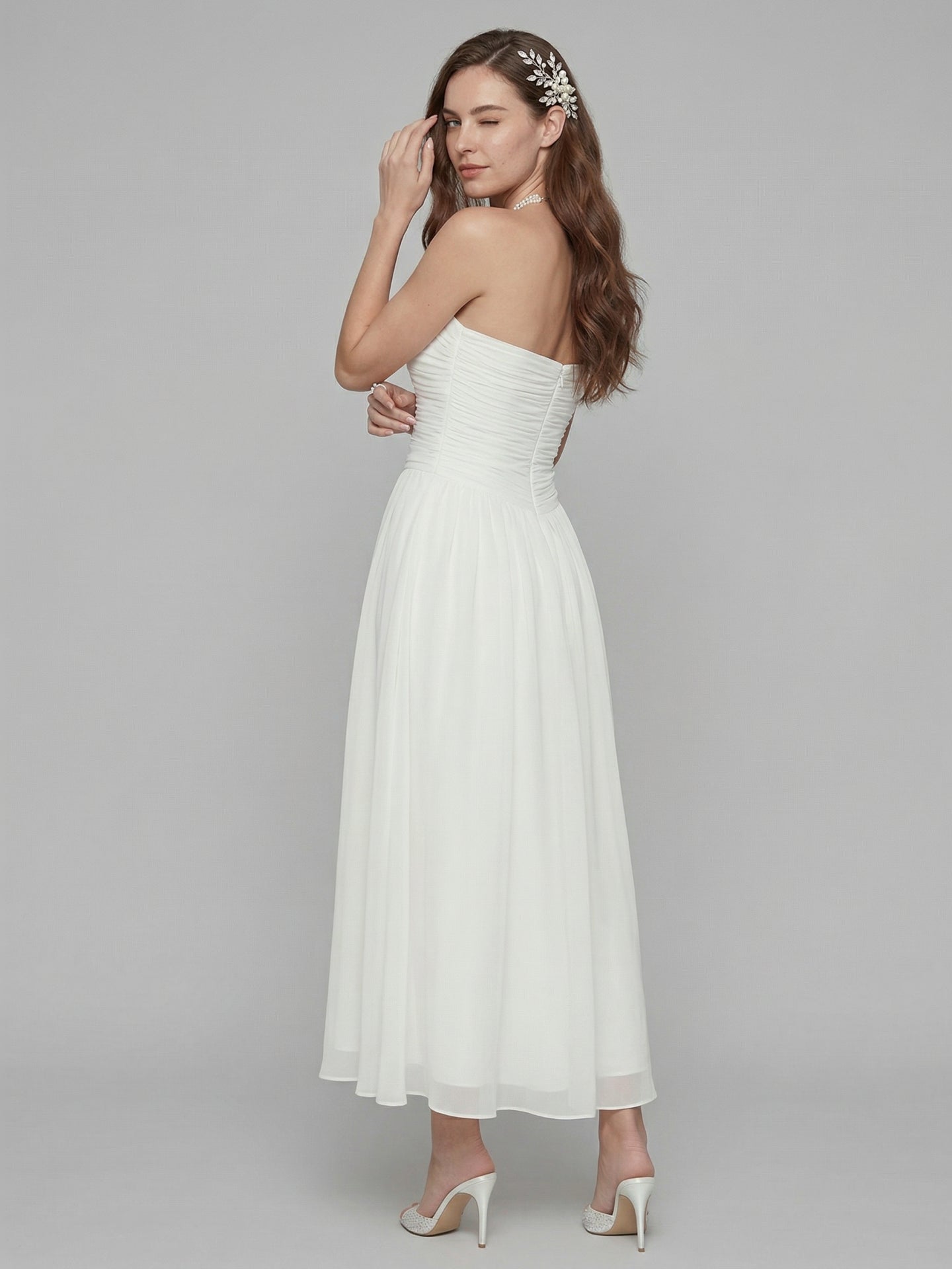 Simple White Chiffon A-Line Off-the-Shoulder Ankle-Length Bridesmaid Dress