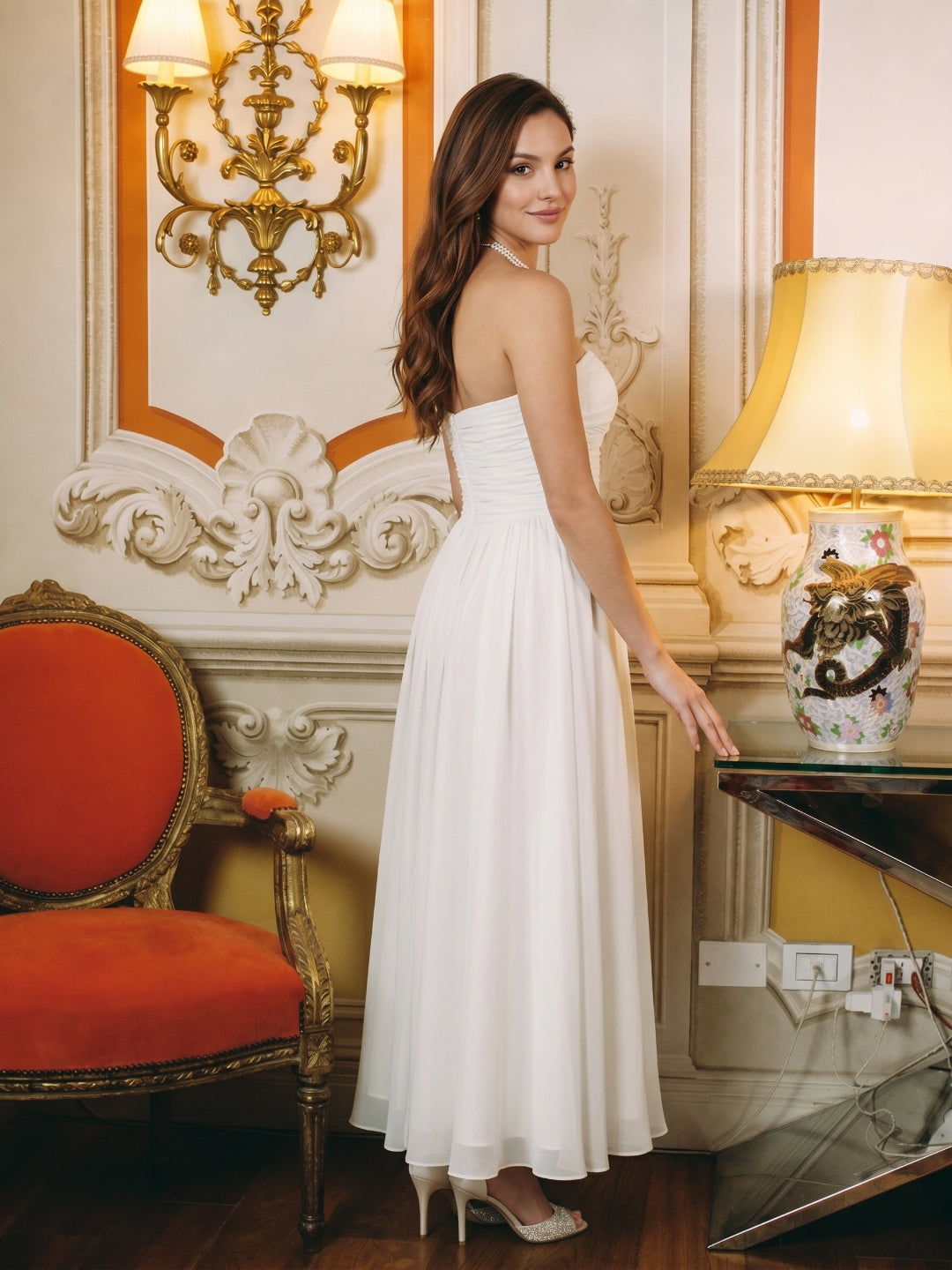 Simple White Chiffon A-Line Off-the-Shoulder Ankle-Length Bridesmaid Dress