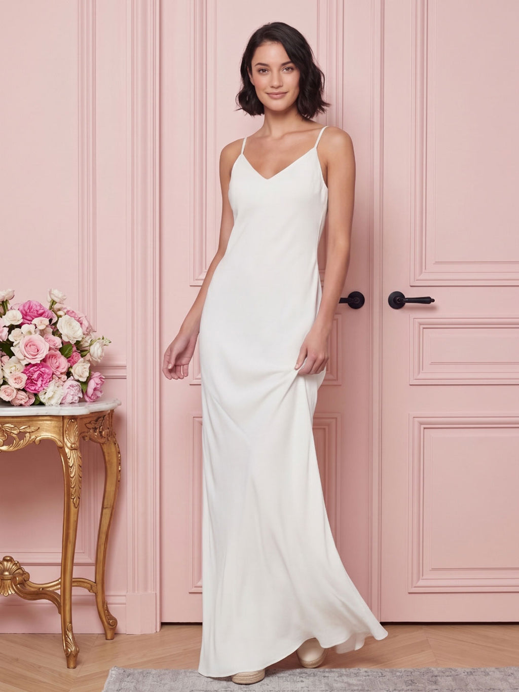 Simple White Satin A-Line V-Neck Backless Ankle-Length Bridesmaid Dress