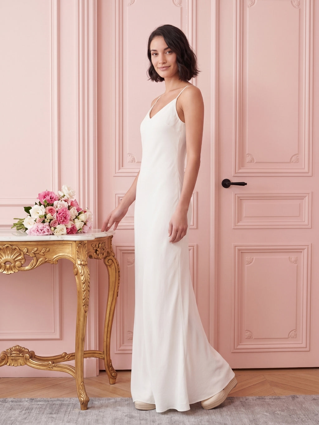 Simple White Satin A-Line V-Neck Backless Ankle-Length Bridesmaid Dress
