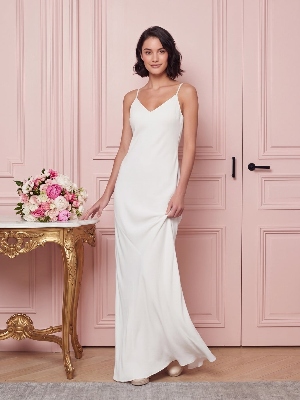 Simple White Satin A-Line V-Neck Backless Ankle-Length Bridesmaid Dress