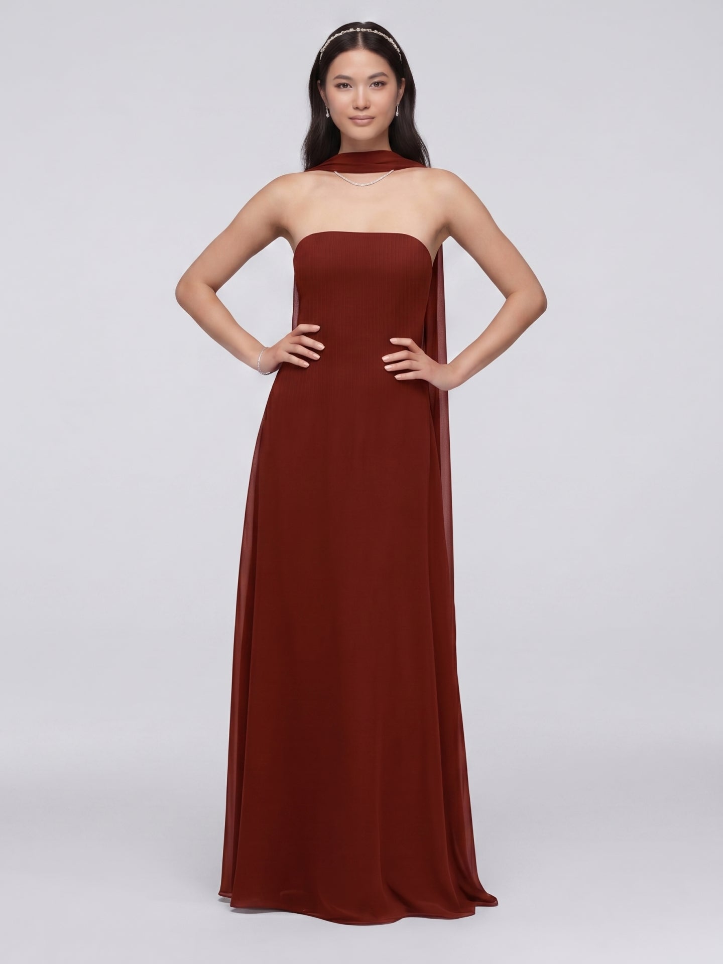Simple Wine Chiffon A-Line Straight Neck Back Zip Ankle-Length Bridesmaid Dress