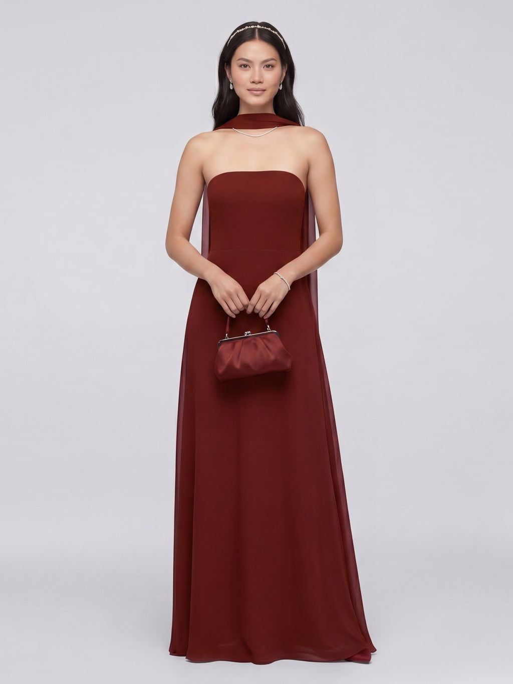 Simple Wine Chiffon A-Line Straight Neck Back Zip Ankle-Length Bridesmaid Dress