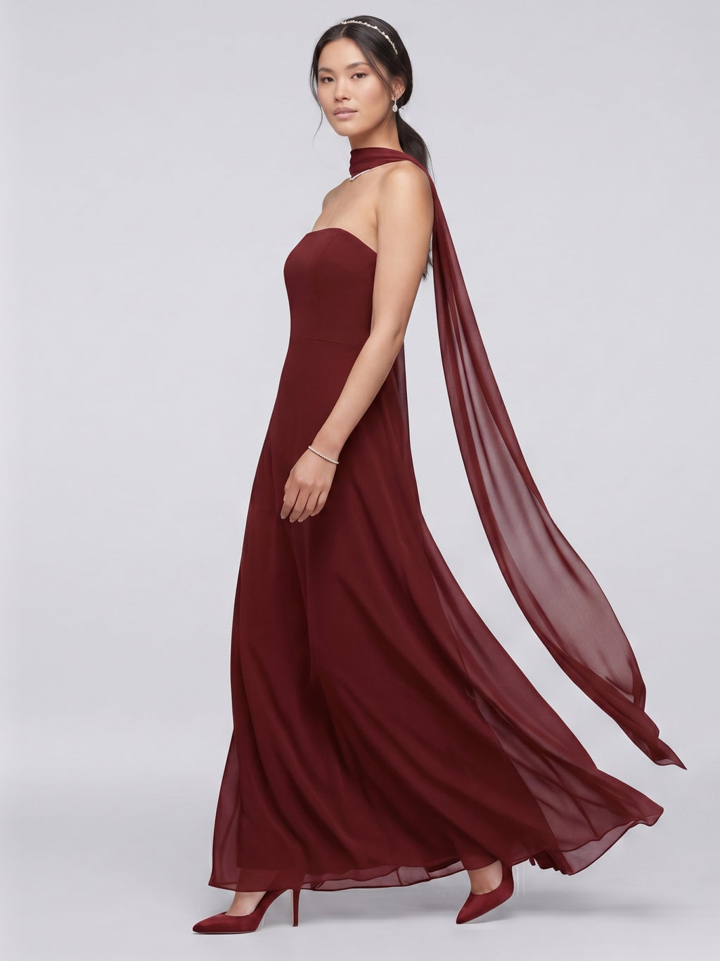 Simple Wine Chiffon A-Line Straight Neck Back Zip Ankle-Length Bridesmaid Dress