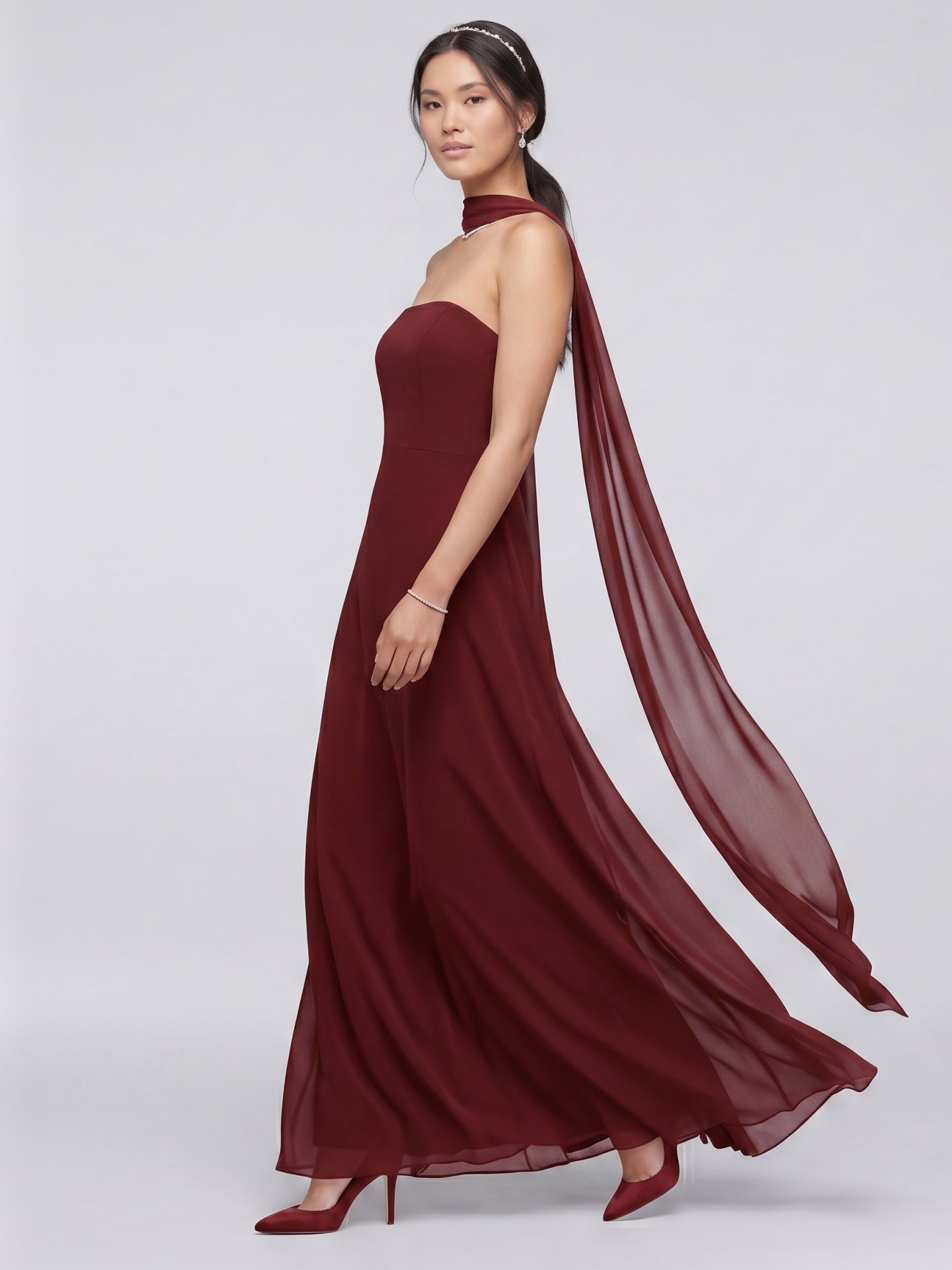 Simple Wine Chiffon A-Line Straight Neck Back Zip Ankle-Length Bridesmaid Dress