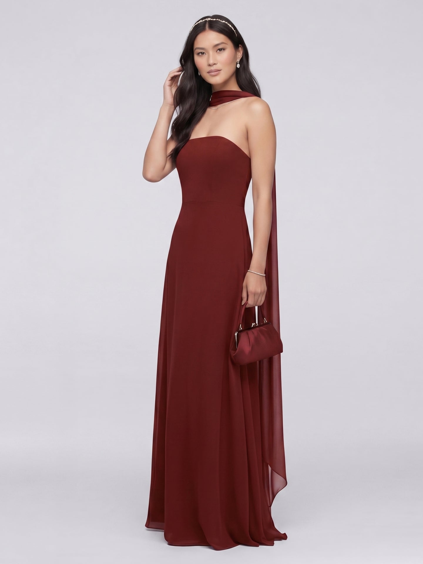 Simple Wine Chiffon A-Line Straight Neck Back Zip Ankle-Length Bridesmaid Dress