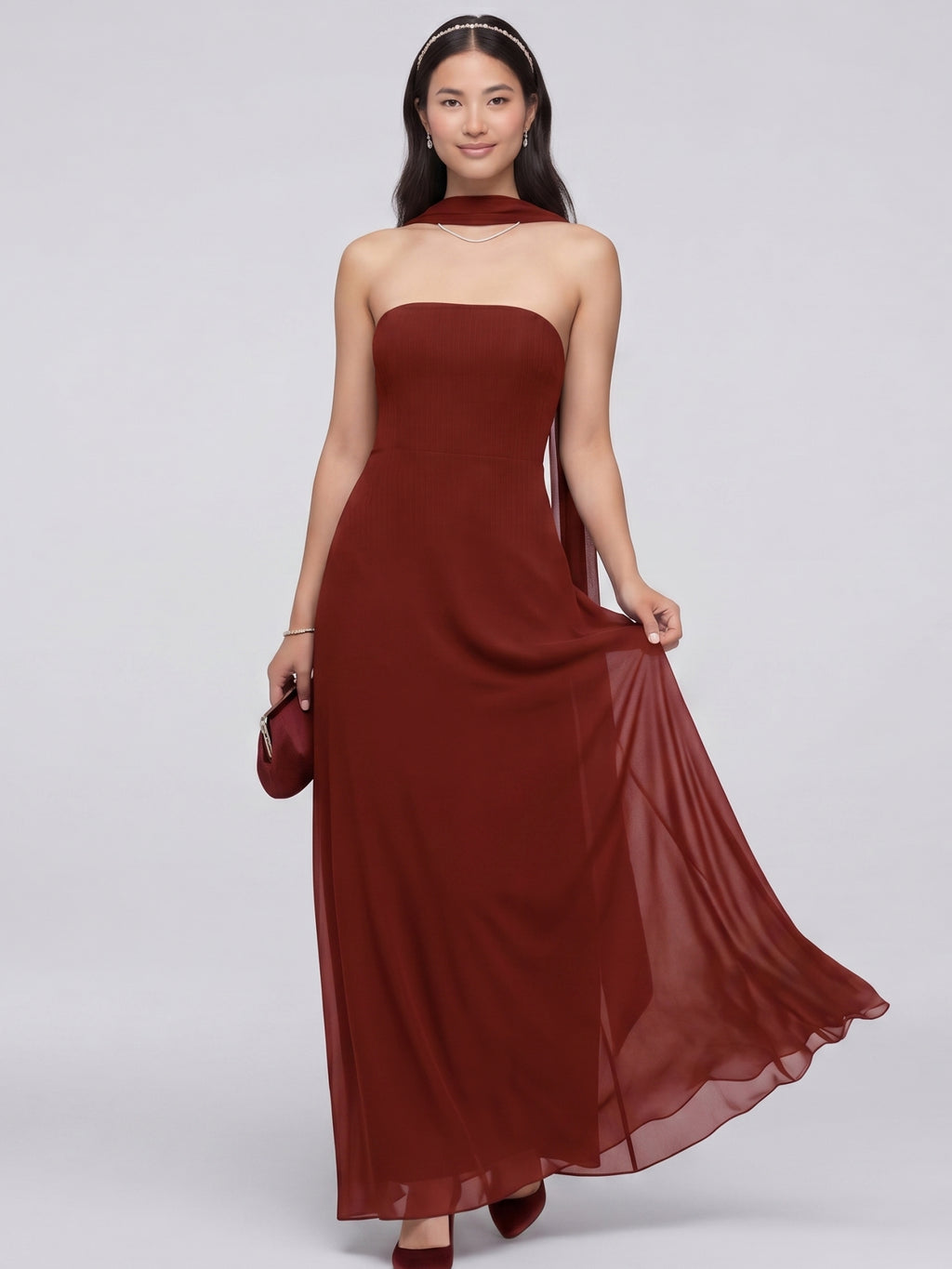 Simple Wine Chiffon A-Line Straight Neck Back Zip Ankle-Length Bridesmaid Dress